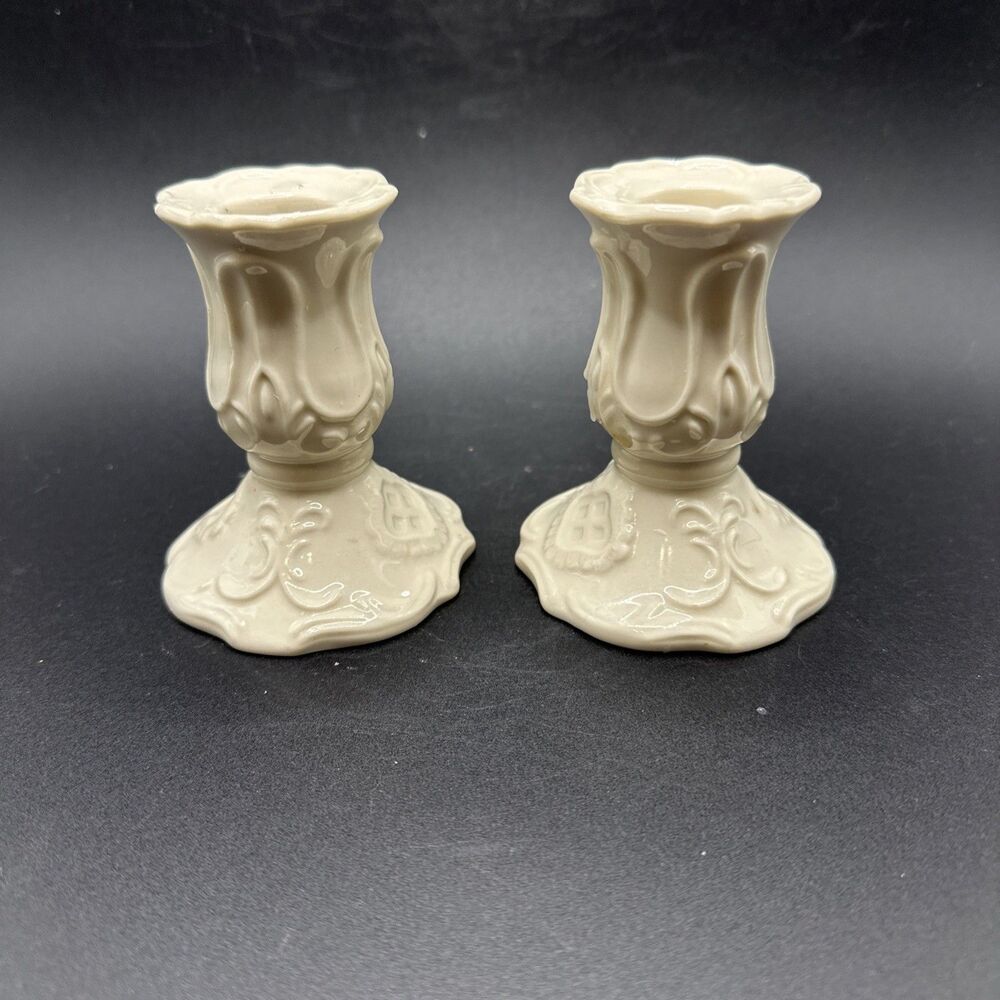2 VTG OLEG CASSINI CREAM CERAMIC EMBOSSED TAPER CANDLE HOLDERS 2.75"Dia x 3.5"H